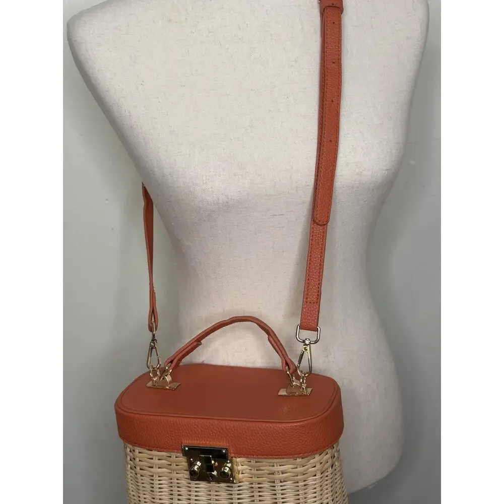 Tommy Bahama Wicker North South Shoulder Bag Orange Tan Rattan Crossbody *READ